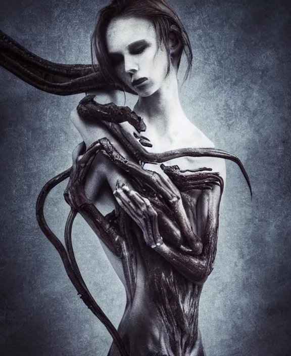 Image similar to xenomorph hugging pale sad beauty merging, dark mist colors, giger background liminal void, digital art, cinematic lighting, realistic, award winning photograph, various refining methods, micro macro autofocus