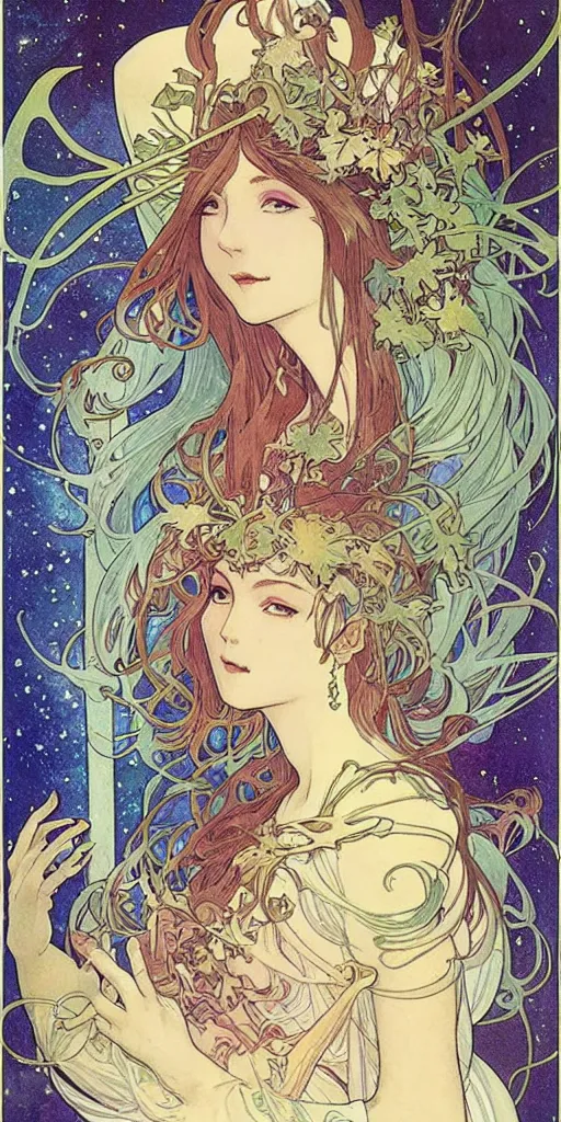 Prompt: Ethereal elven goddess of autumn and galaxies. Manga artbook illustration by CLAMP and Alphonse Mucha.