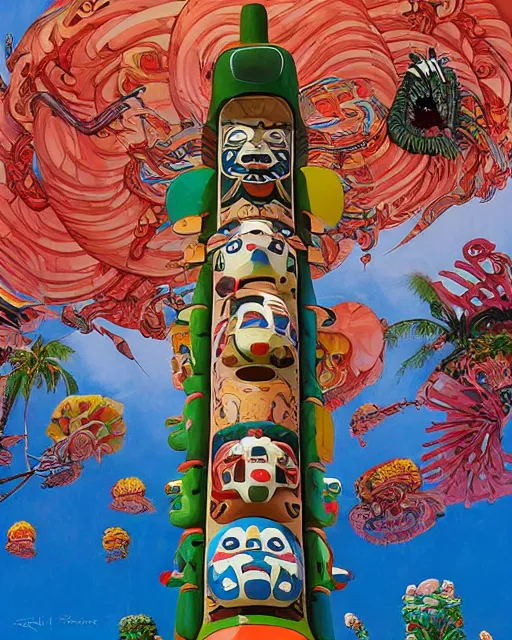 Prompt: a painting of a tribal tiki hut with a totem pole by its side, a surrealist painting by Takashi Murakami and by Takato Yamamoto, Naoto Hattori, Edward Hopper and James Gilleard, Zdzislaw Beksinsk, by Jesper Ejsing, by RHADS, Makoto Shinkai and Lois van baarle, trending on deviantart, pop surrealism, lowbrow, grotesque, whimsical