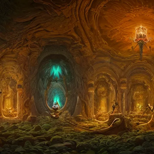 Image similar to a beautiful highly - detailed matte painting of the inside of a tall ancient emerald encrusted catacombs by peter mohrbacher and alex grey and james jean and lee madgwick and gregory crewdson, richly decorated emerald encrusted walls, lit by torches, highly - detailed interior, featured on artstation and conceptartworld, ultrawide angle