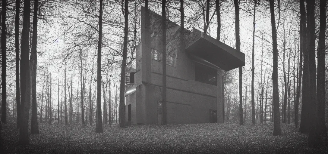 Prompt: modern house in the wood, wolf, artwork by William Blake, night, pinhole analogue photo quality, monochrome, blur, unfocus, cinematic, 35mm