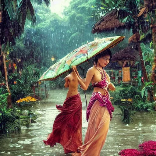 Prompt: monsoon on tropical island, attractive oriental woman, ornate, beautiful, atmosphere, vibe, mist, coconuts, rain, wet, pristine, puddles, melting, dripping, snow, creek, lush, ice, bridge, forest, roses, flowers, by stanley artgerm lau, greg rutkowski, thomas kindkade, alphonse mucha, loish, norman rockwell