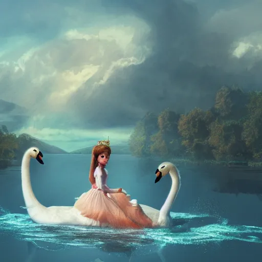 Image similar to a princess riding a giant swan in the lake, trending on artstation