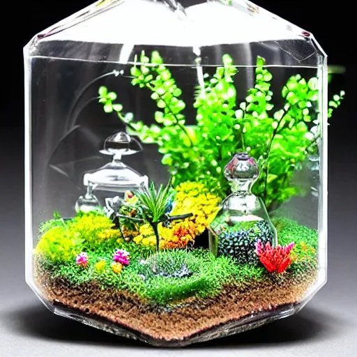 Prompt: a photorealistic complex magic macroscopic glass terrarium with highly detailed complex flower life garden inside.