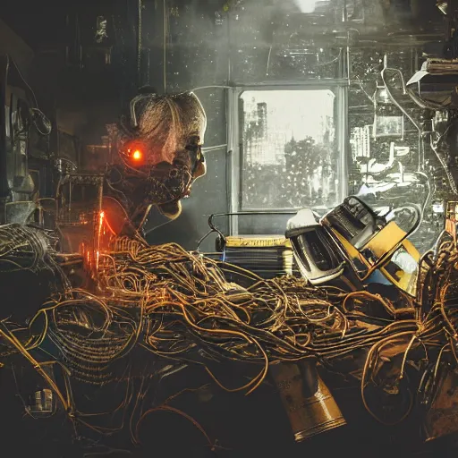 Image similar to cyborg with gatlinger gun hands, tangles of metallic cables, dark messy smoke - filled cluttered workshop, dark, dramatic lighting, orange tint, sparks, plasma charges, cinematic, highly detailed, sci - fi, futuristic, movie still