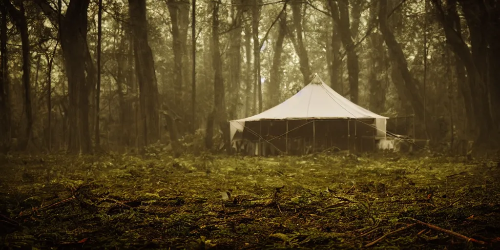 Prompt: circus tent in lush old forest, creepy ambiance, hazy, high focus, high detail