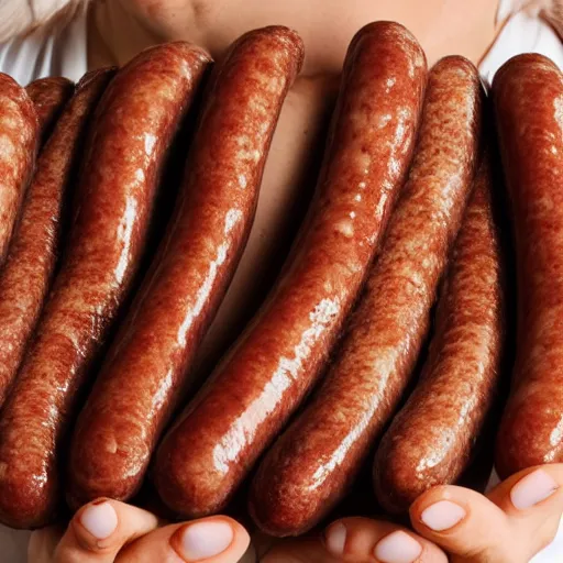 Image similar to the woman has thick sausages instead of fingers