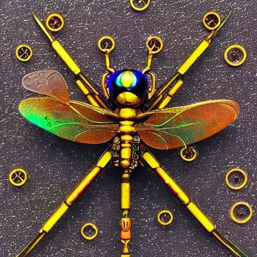 Image similar to steampunk clockwork dragonfly carrying prismatic orbs on it's back