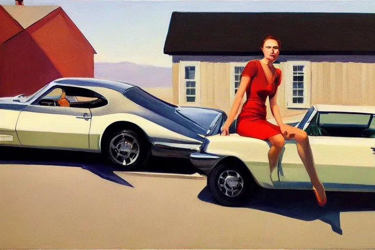 Prompt: Close-up portrait with car, dated a woman that lived on Cooterneck Road, She had a catfish Camero and was cooler than me, by Edward Hopper, Bo Bartlett, and Cynthia Sheppard, Artstation
