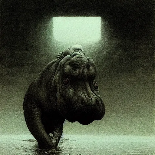 Prompt: hippopotamus, junji ito, beksinski, greg rutkowski, eldritch, horror spooky, cinematic landscape, creepy creature