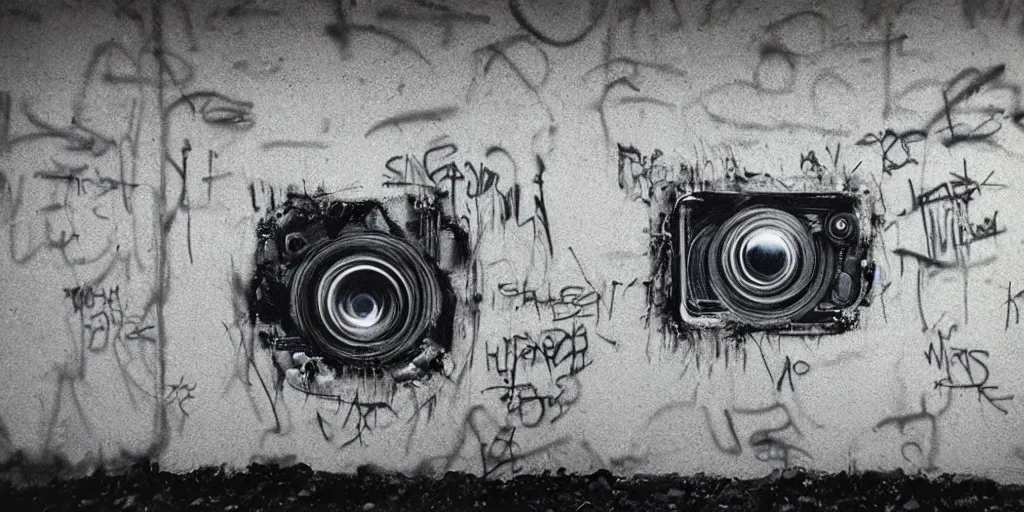 Image similar to detailed medium format photo, polaroid still from tarkovsky movie, dr. apple doing an amazing piece of graffiti on a wall, haze, high production value, intricate details, 8 k resolution, hyperrealistic, hdr, photorealistic, high definition, technicolor, award - winning photography, masterpiece, black and white, grungy