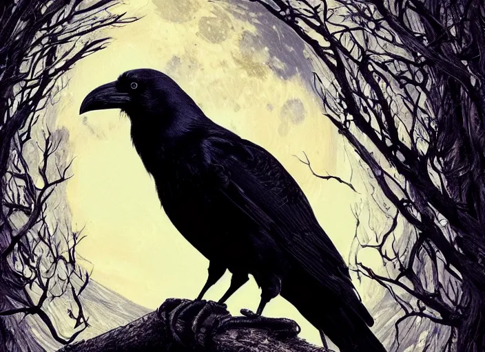 Prompt: a hyper-detailed fantasy wallpaper book cover, portrait of a crow on a tree in front of the full big moon; an extraordinary masterpiece!!!; flawless; proud posture; photorealistic eyes; trending on artstation; f/1.4; 90mm