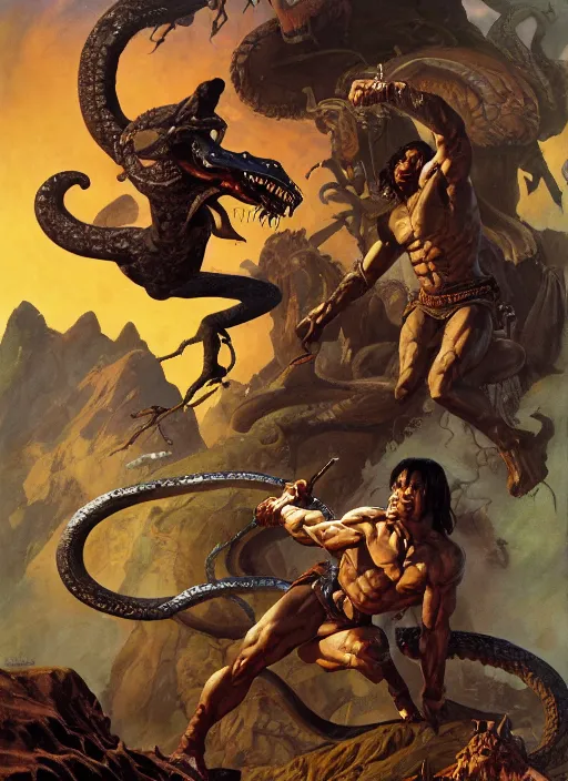 Image similar to a highly detailed symmetrical painting of conan fighting a mythical snake creature, dynamic lighting, ambient lighting, art by frank frazetta and glenn fabry and argerm, hires, 4 k