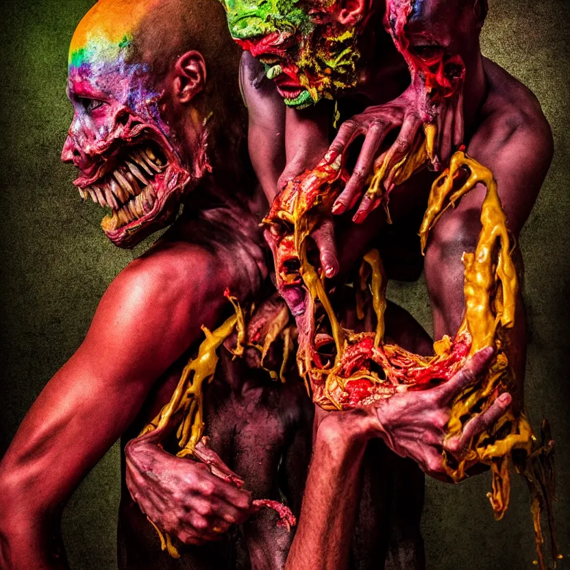 Prompt: a very colorful and beautiful ( flesh - eating ) tsikalawa, eating the leg of a terrified man, by alexandro judorowski and basia tran, fear, morbid, nightmare, supernatural, 8 k, digital art, highly detailed, chiaroscuro, creepy, terrifying