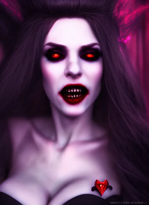 Image similar to realistic matte painting, full length portrait, the vampire duchess of blood owns las vegas at night, fangs, pale, confidant, highly detailed, CGsociety, concept art, HDR, hyper realistic, volumetric lighting, subsurface scattering, unreal,