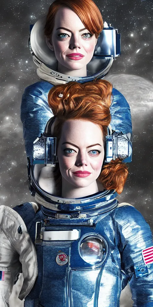 Image similar to Portrait of Emma Stone in a space suit. Highly detailed, photorealistic