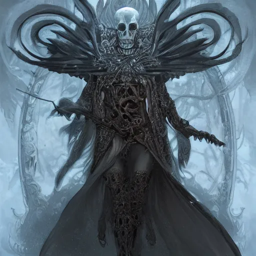 Image similar to portrait of a powerful lich, skeleton, fantasy, intricate, elegant, highly detailed, digital painting, artstation, concept art, matte, sharp focus, illustration, art by aenaluck and roberto ferri and greg rutkowski, epic fantasy, digital painting