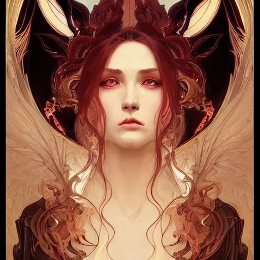 Image similar to A portrait of A beautiful!!!! angel in black flames by Ross Tran!! and alphonse mucha and greg rutkowski! and gustav doré!!,In style of digital art illustration.Symmetry.Highly detailed face.Fantasy,smooth,hyper detailed,sharp focus,Soft light.trending on artstation.4k