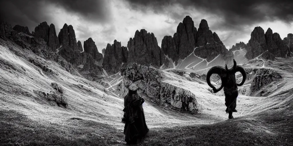 Prompt: dolomites, pastures, alps, alp, stars, dark, eerie, clouds that look like krampus, despair, portrait photography, artstation, highly detailed, sharp focus, 1 9 2 0 s photography, by cronneberg