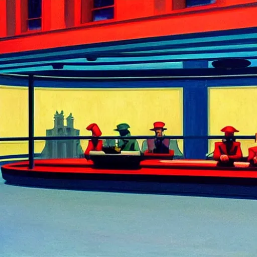 Prompt: nighthawks'by edward hopper set in a futuristic cyberpunk style city