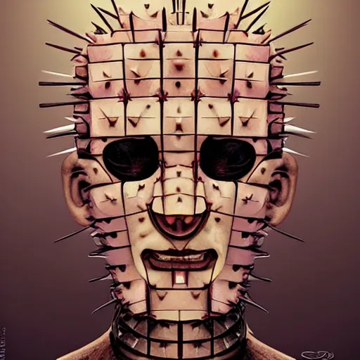 Image similar to portrait of a pinhead hellraiser as Disney cactus character by Artgerm, H R Giger, not scarry, Pixar, digital painting, concept art, kawaai, summertime, smiling, warm tones, depth of field, dramatic light