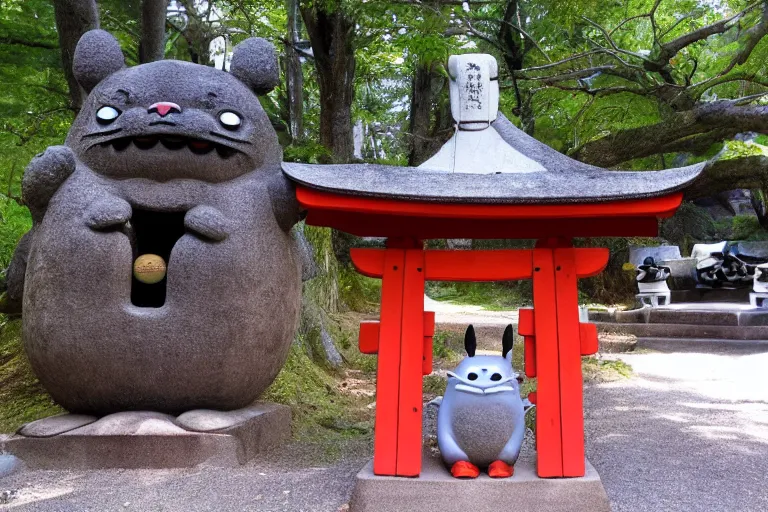 Image similar to shinto shrine statue of totoro in a wooden shrine