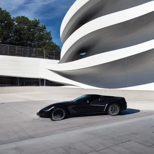 Prompt: corvette on front of building designed by zaha hadid, photorealistic, morning light