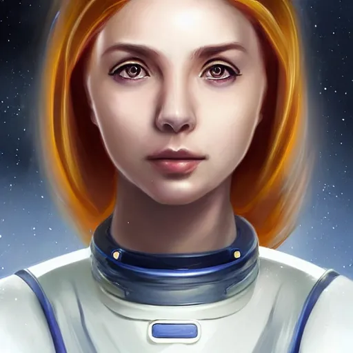 Image similar to epic portrait a space waitress with short sleeves and white uniform, long flowing hair, beauty, pretty face, glossy skin, glossy lips, fit, digital painting, artstation, concept art, soft light, hdri, smooth, sharp focus, illustration, fantasy, intricate, elegant, highly detailed, D&D, matte painting, in the style of Greg Rutkowski and Alphonse Mucha and artemisia, 8k, highly detailed, jurgens, rutkowski, bouguereau, pastoral, rustic, georgic