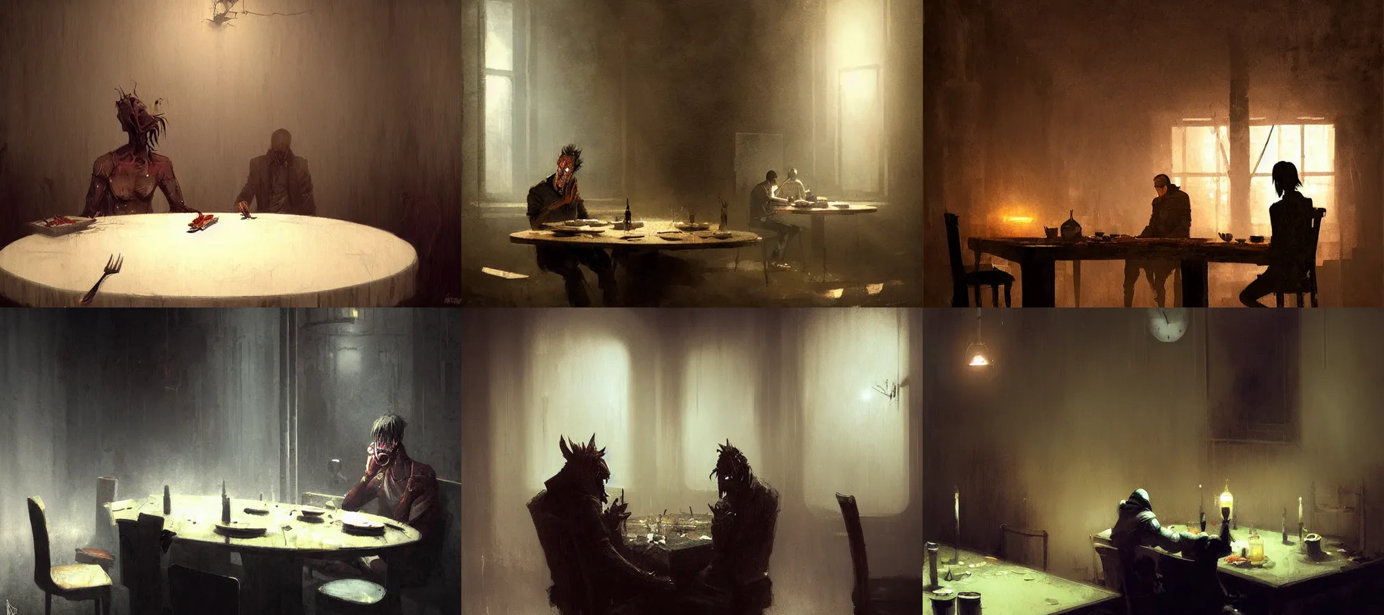 Prompt: abe mudokon silent hill eating dinner at a table in the backrooms happiness is temporary by greg rutkowski