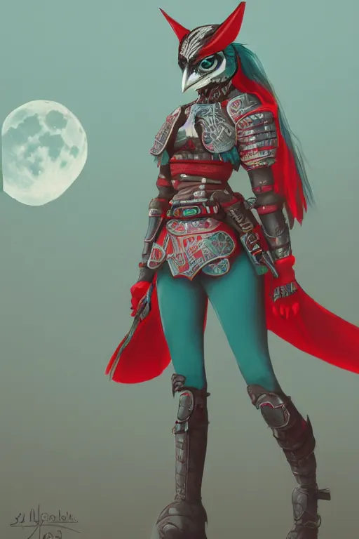 Image similar to female adventurer in tight full - body teal leather armor of japanese design with red accents and a white porcelain crow mask, trending in artstation, japanese, artstation, big moon in the background, establishing shot