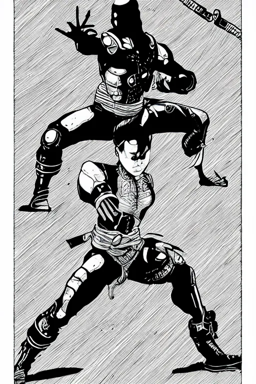 Image similar to cyborg ninja doing kung fu, a page from cyberpunk 2 0 2 0, style of paolo parente, style of mike jackson, adam smasher, johnny silverhand, 1 9 9 0 s comic book style, white background, ink drawing, black and white