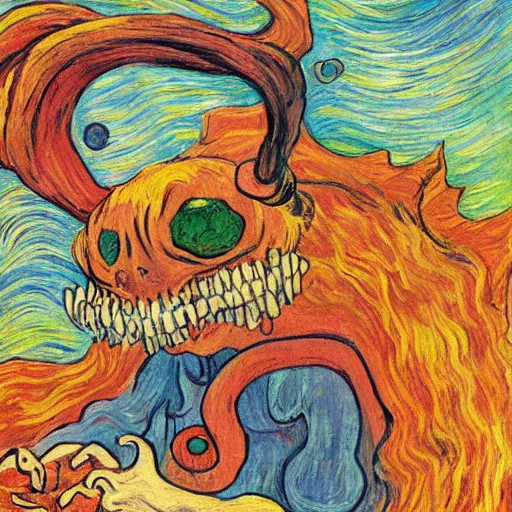 Prompt: whimsical silly painting of a terrifying demon, in the style of studio ghibli and moebius and claude monet and vincent van gogh