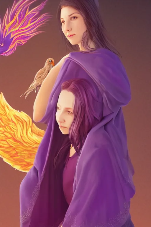 Image similar to Young beautiful short woman in purple witch robes with a small pet phoenix on her shoulder, full body shot, digital art, detailed render