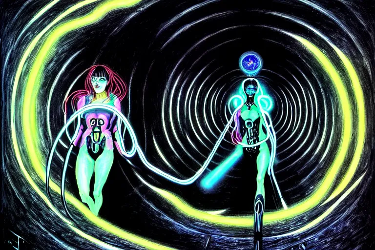 Prompt: a true hero on the run, sinking into madness, wrapped in black, clutching a hopespark-chakram in the drifting void hallways. Fantasy Tron sci-fi illustration, vibrant neon pastels painting, by Edvard Junjiito Picasso and Gustave Dore and Carl Critchlow