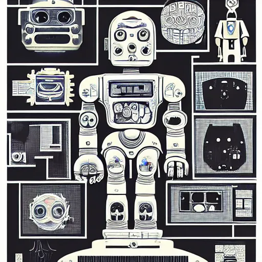 Image similar to a diagram of a robot body with various parts, cyberpunk art by eduardo paolozzi, behance contest winner, computer art, greeble, steampunk, poster art, james turrell, post it note art, optical illusion art, joseph stella, andy warhol, venus of willendorf, vintage robot, robot illustration