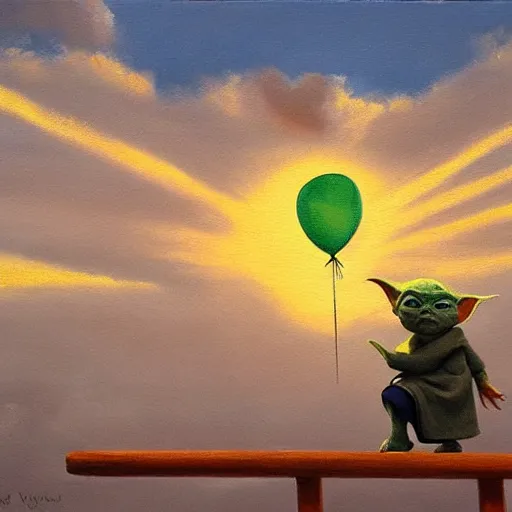 Image similar to eye - level view, shot from 5 0 feet distance, baby yoda plays on a seesaw at the city park. a balloon vender in the background. dramatic clouds, setting sun. golden hour, oil on canvas painting, detailed, depth, volume, chiaroscuro, quiet intensity, serene.