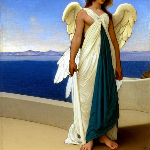 Prompt: An angel with jester hat and clothes on a greek circle archi on the front of a Balustrade with a beach and a sail boat on the background, major arcana cards, by paul delaroche, alphonse mucha and daniel garber daniel garber hyperrealistic 8k, very detailed