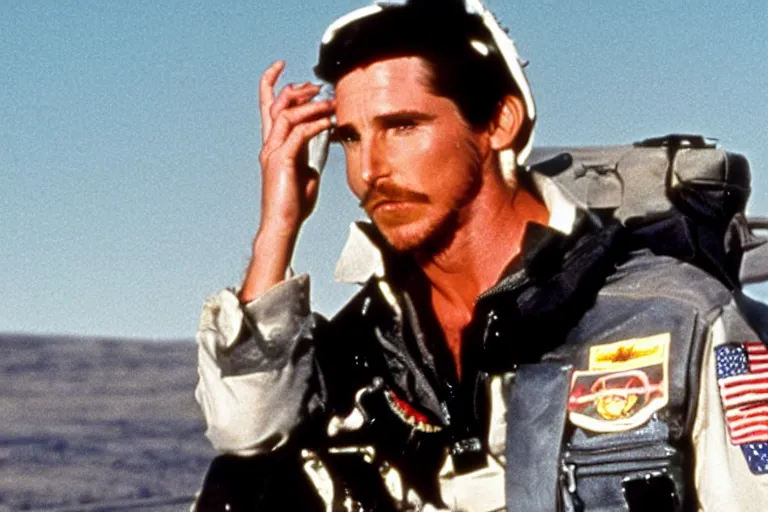 Prompt: film still of Christian Bale as Maverick in Top Gun 1986