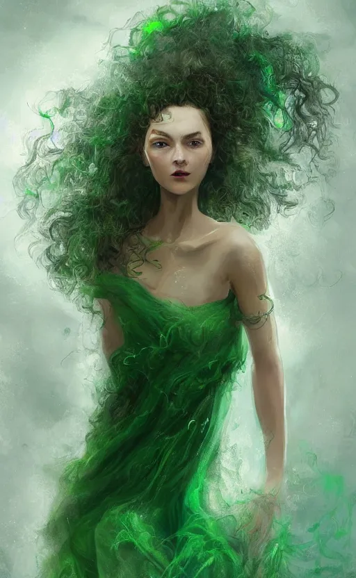 Image similar to a young woman with wild, curly hair and bright green eyes. she's wearing a flowing dress made of light, airy fabric and she has a mischievous look on her face, dynamic lighting, photorealistic fantasy concept art, trending on art station, stunning visuals, creative, cinematic, ultra detailed