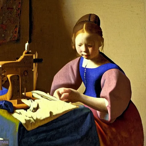 Prompt: jan vermeer drawing of a painting of a little girl sitting at a sewing machine by jan vermeer created at renaissance in high resolution, with inspiring feeling