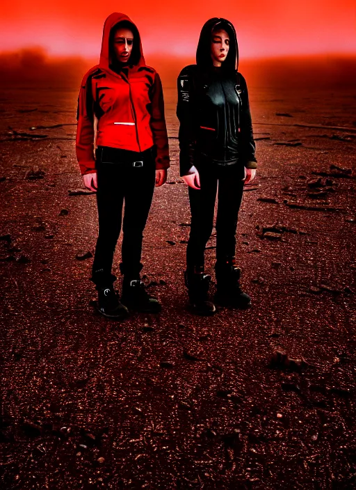 Image similar to cinestill 5 0 d photographic portrait of two female android lovers wearing rugged black techwear on a desolate plain with a red sky, extreme closeup, lizard on ground, cyberpunk style, in front of a brutalist dark metal facility, dust storm, 8 k, hd, high resolution, 3 5 mm, f / 3 2, ultra realistic faces