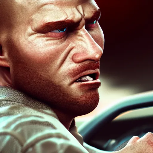 Image similar to ultrarealistic close up picture of an angry male (((driver))) driving his car, very vey very detailed face, octane render, trending on artstation, steampunk art