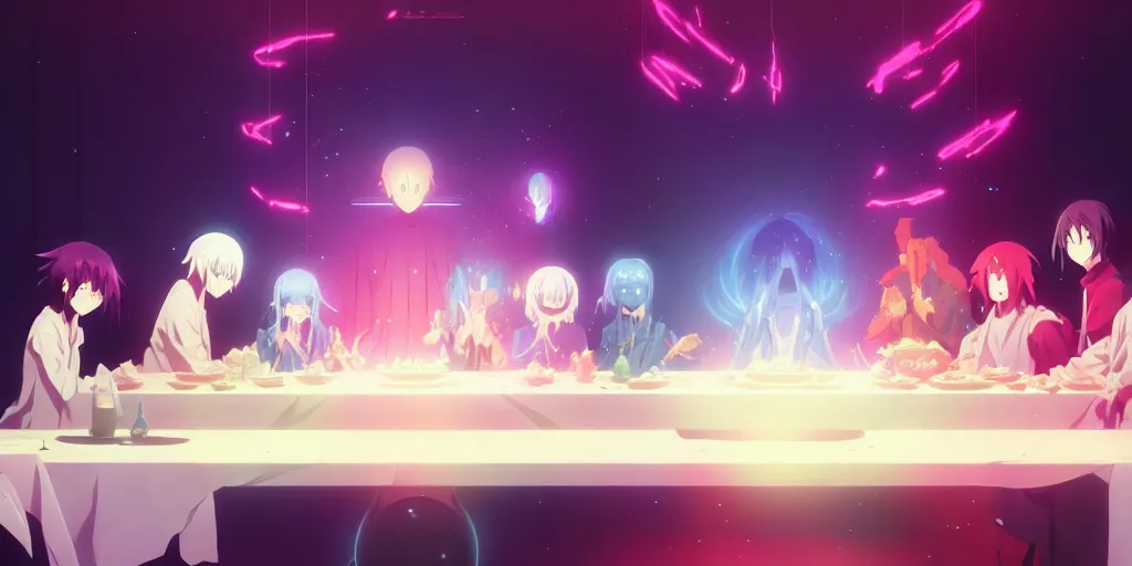 Image similar to anime last supper by beeple and greg rutkowski, digital painting, trending on artstation, sharp focus, 4 k