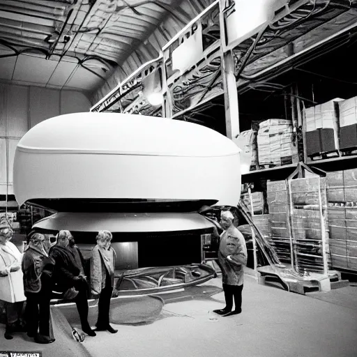 Image similar to scientists studying a simplistic oval shape spacecraft in a warehouse, 1 9 6 0's sci - fi, black and white, 8 k, highly ornate intricate details, extreme detail,