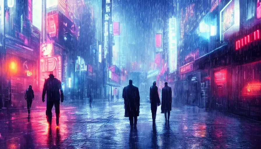 Prompt: street from bladerunner 2049, neon lights, rain, flying cars, people walking