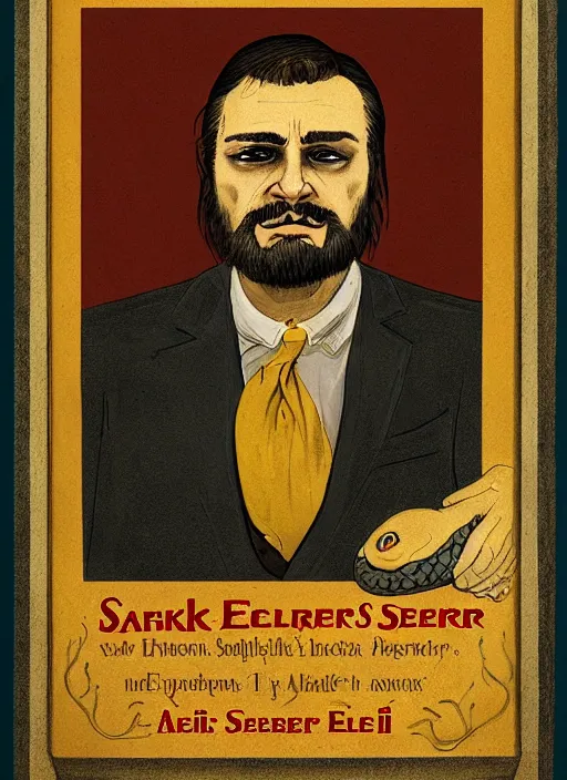 Image similar to portrait of a snake oil salesman by Paolo Eleuteri Serpieri, it idn't greasy