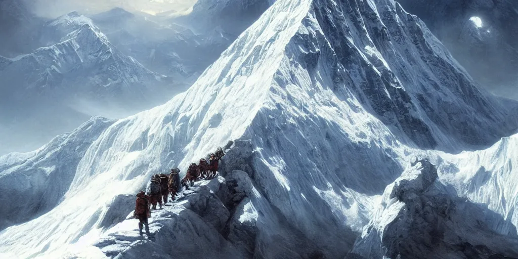 Prompt: mount everest dramatically falling apart, dim volumetric lighting, 8 k octane render, post - processing, extremely hyper detailed, intricate, epic composition, cinematic lighting, masterpiece, trending on artstation, stunning art by anders zorn, wonderful masterpiece by greg rutkowski