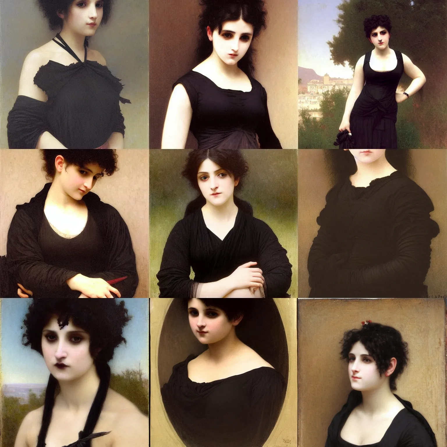 Prompt: A goth portrait painted by William-Adolphe Bouguereau. Her hair is dark brown and cut into a short, messy pixie cut. She has a slightly rounded face, with a pointed chin, large entirely-black eyes, and a small nose. She is wearing a black tank top, a black leather jacket, a black knee-length skirt, a black choker, and black leather boots.