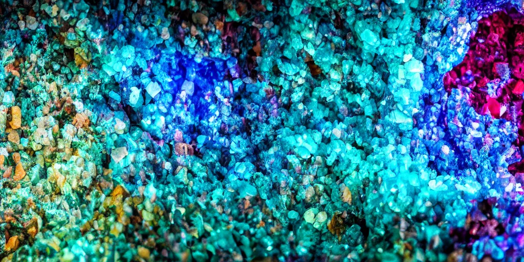 Prompt: multi-colored crystals in the depths of a mining cave, wide lens, diorama, 4k,