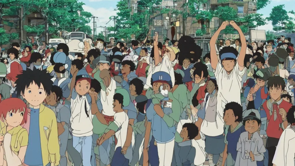 Image similar to a movie still from a studio ghibli film showing a hip hop party in the bronx, new york. by studio ghibli